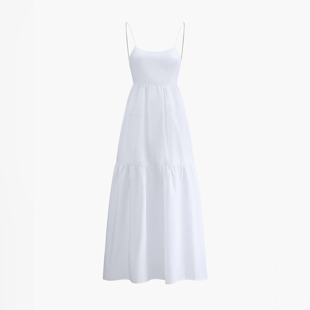 Commense White Backless Spaghetti-Strap Tiered Maxi Dress